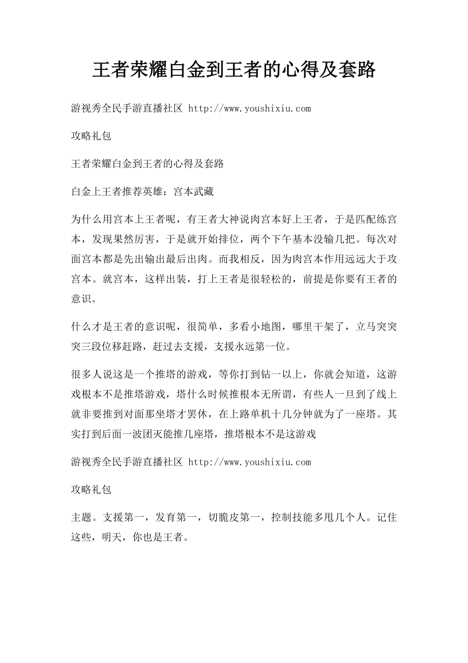 王者荣耀白金到王者的心得及套路.docx_第1页