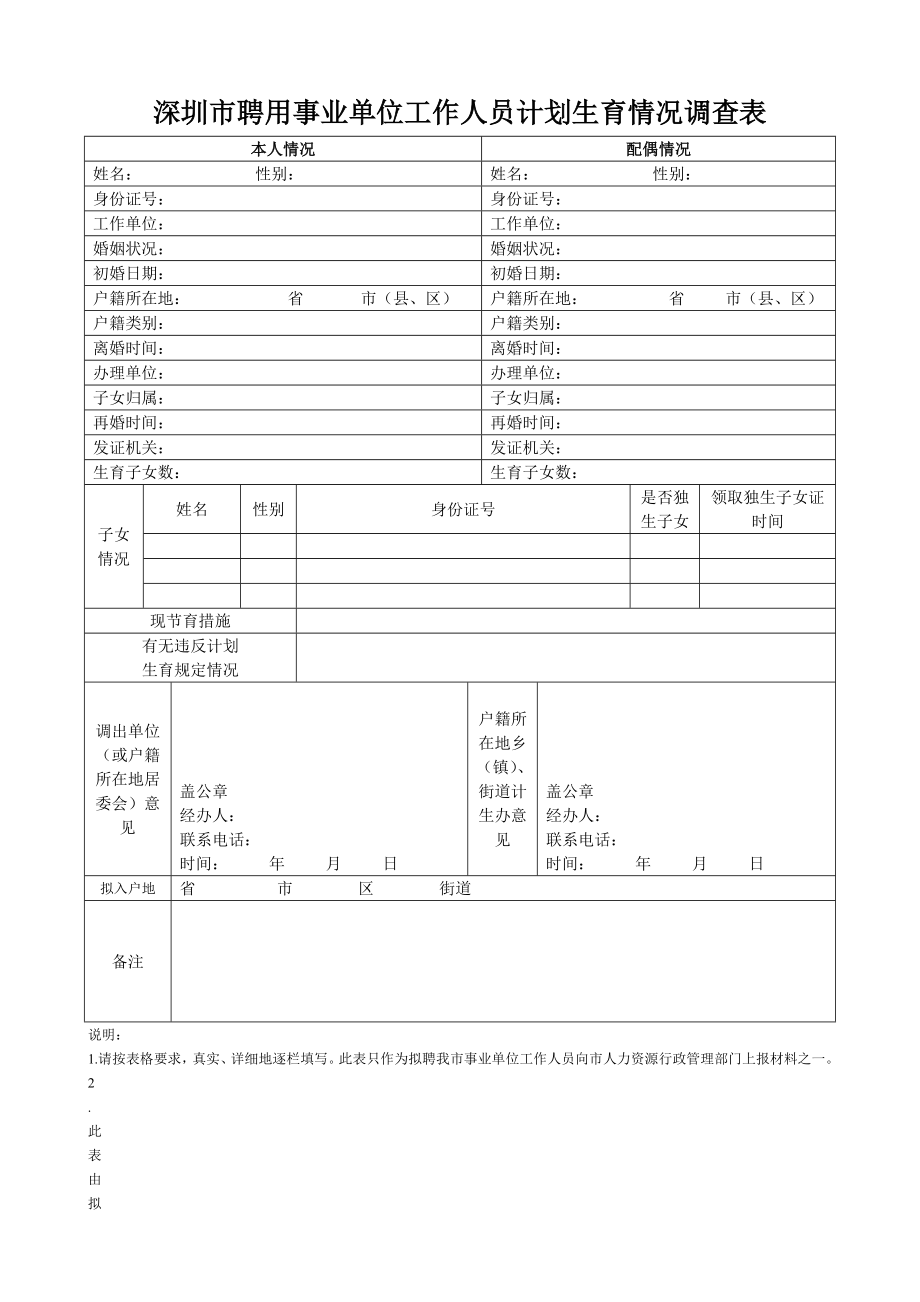 【精品】深圳市聘用事业单位工作人员计划生育情况调查表31.doc_第1页