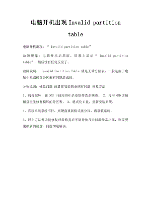 电脑开机出现Invalid partition table.docx