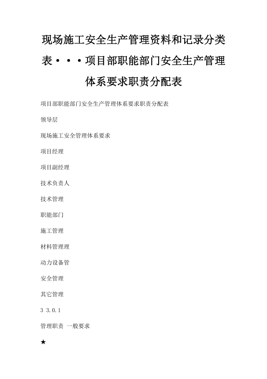 现场施工安全生产管理资料和记录分类表···项目部职能部门安全生产管理体系要求职责分配表.docx_第1页