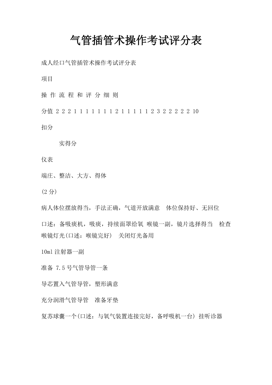 气管插管术操作考试评分表.docx_第1页