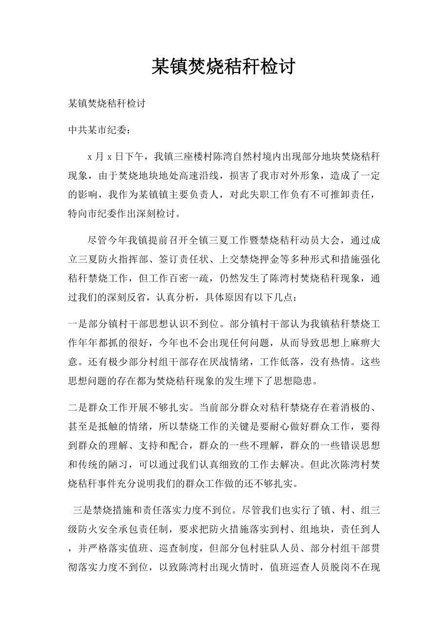 某镇焚烧秸秆检讨.docx_第1页