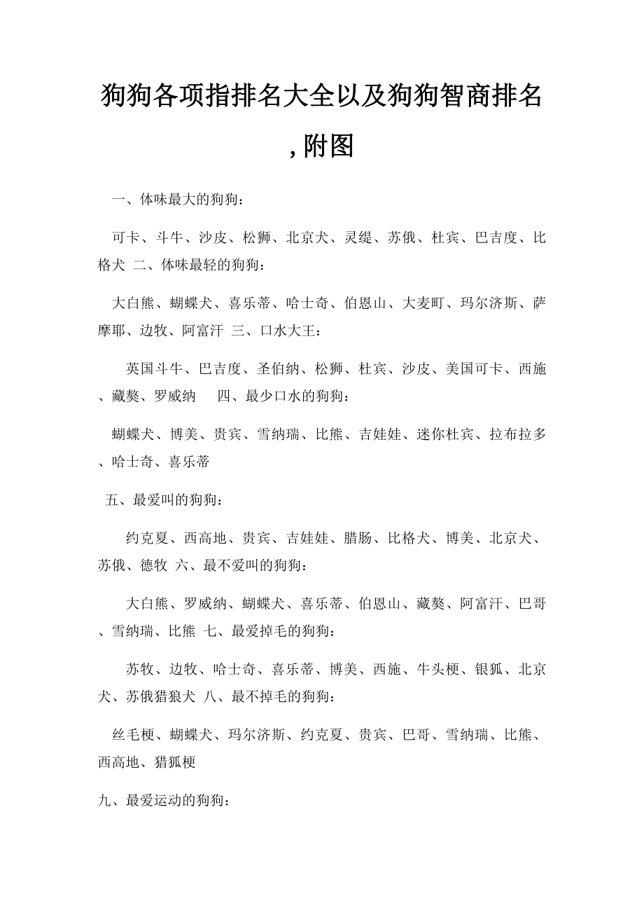 狗狗各项指排名大全以及狗狗智商排名,附图.docx_第1页