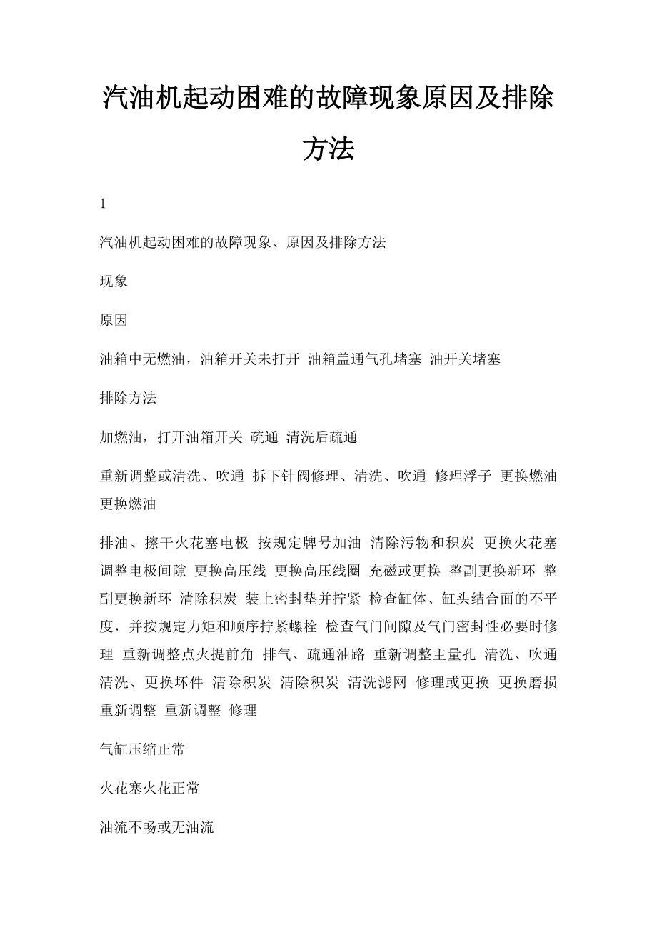 汽油机起动困难的故障现象原因及排除方法.docx_第1页