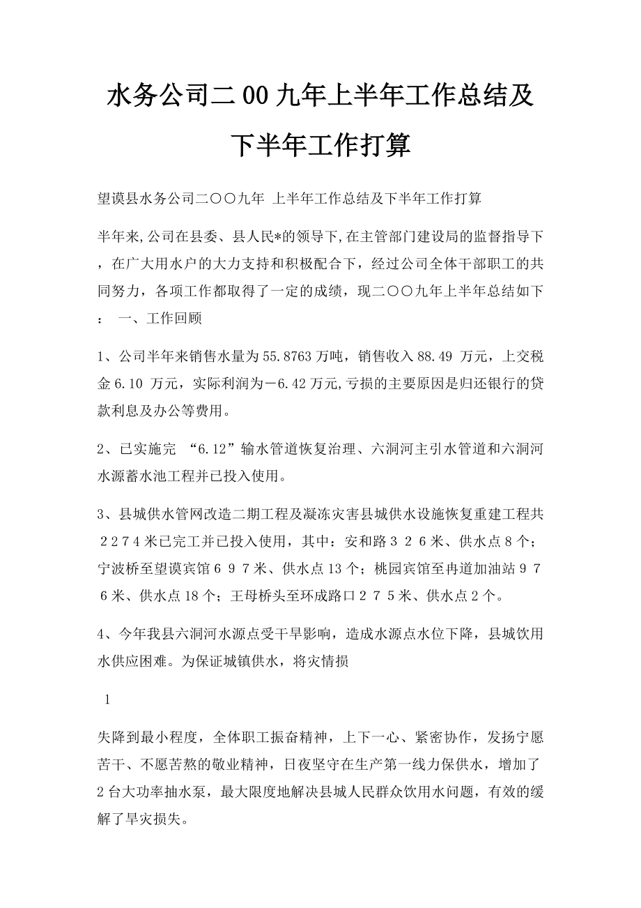 水务公司二00九年上半年工作总结及下半年工作打算.docx_第1页