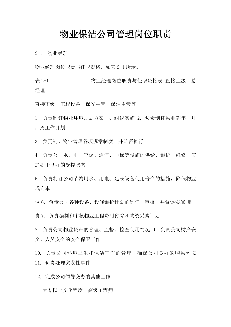 物业保洁公司管理岗位职责.docx_第1页