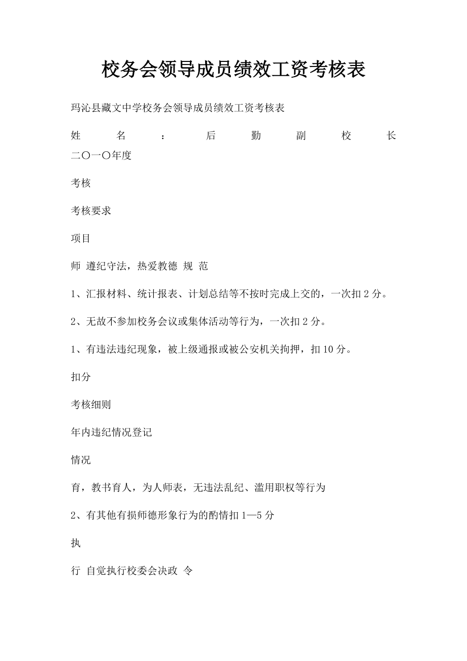 校务会领导成员绩效工资考核表.docx_第1页