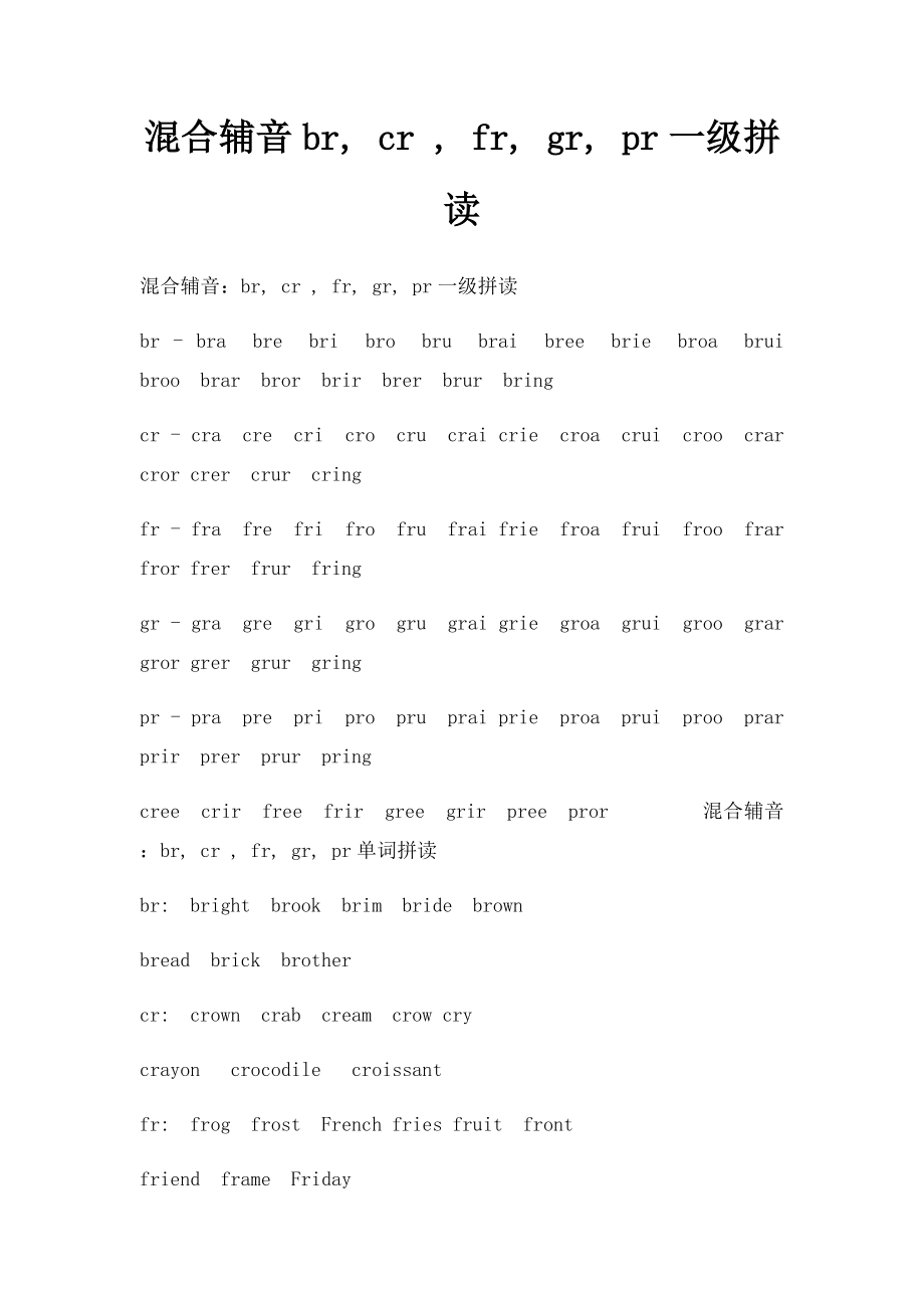 混合辅音br, cr , fr, gr, pr一级拼读.docx_第1页