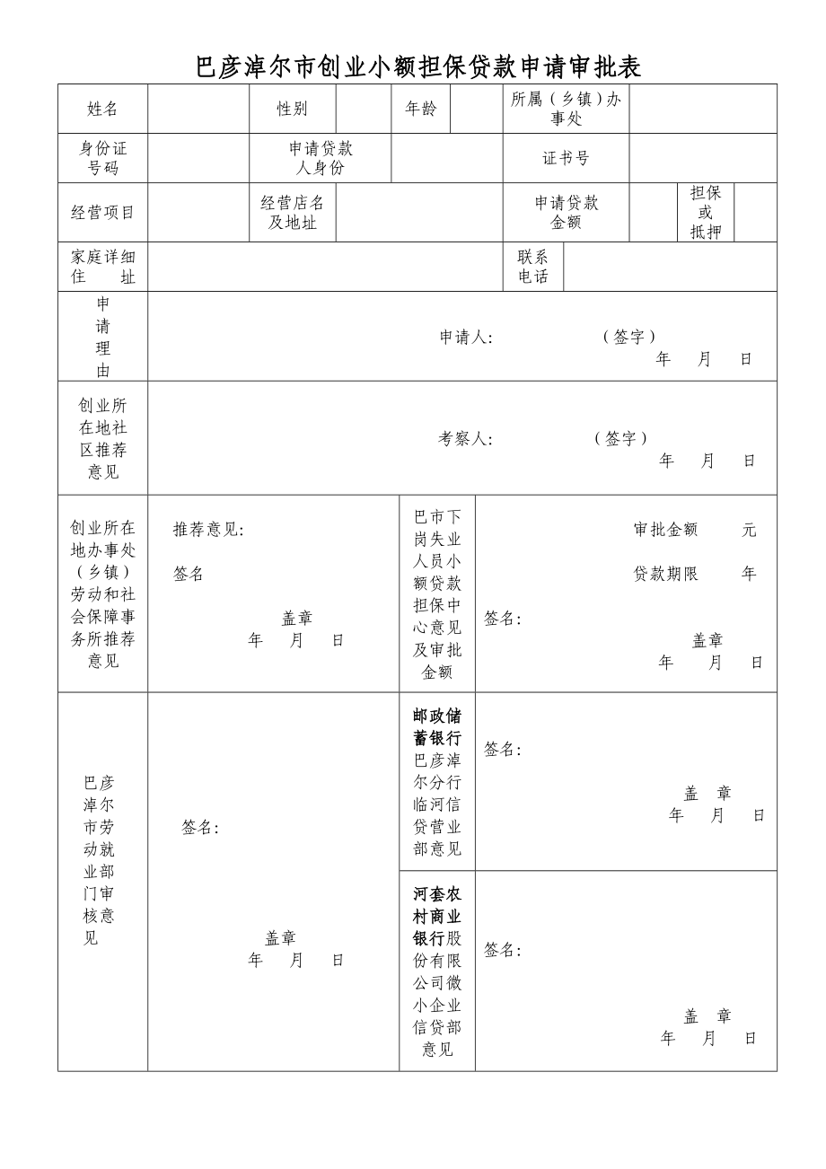 巴彦淖尔市创业小额担保贷款申请审批表.doc_第1页