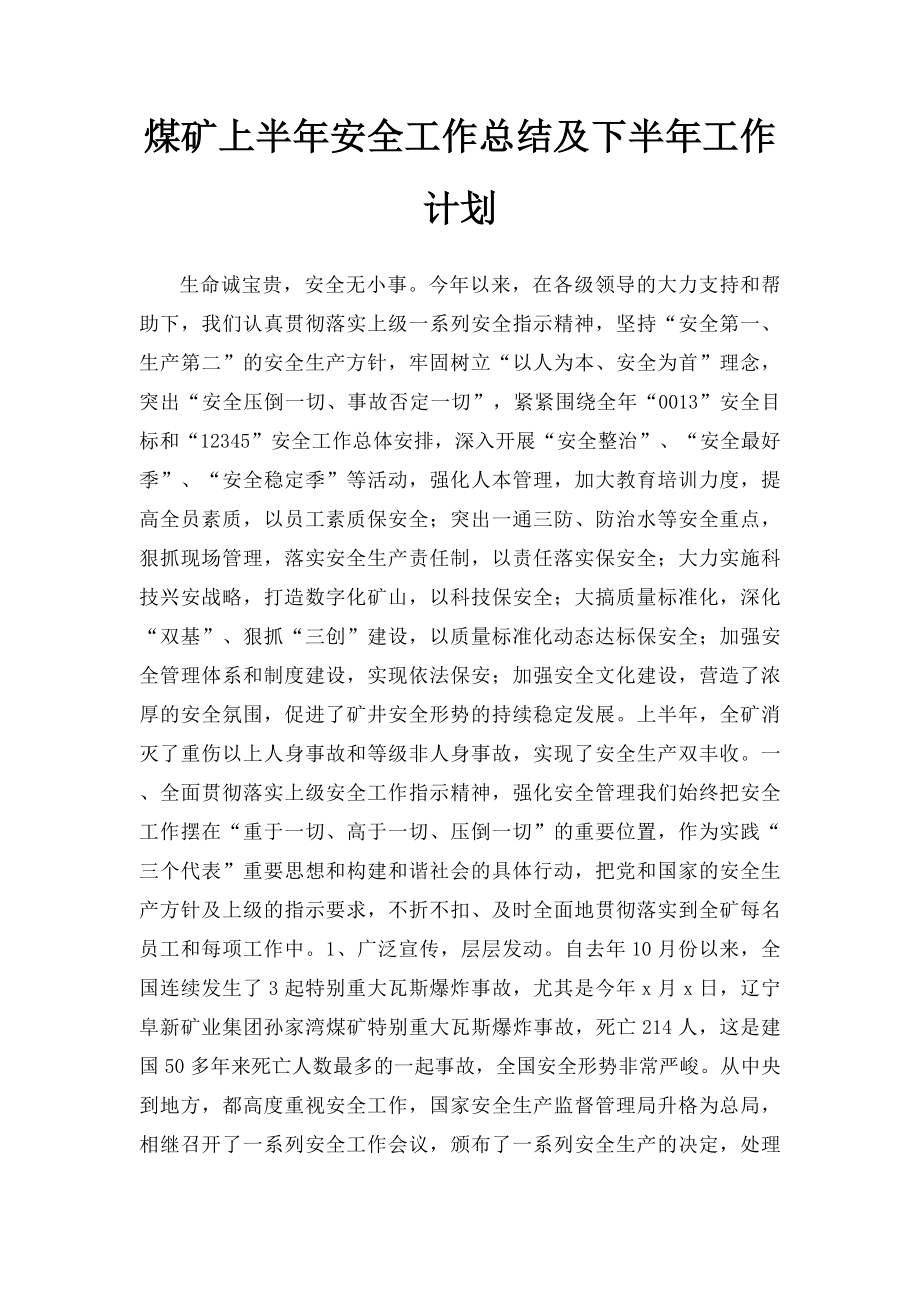 煤矿上半年安全工作总结及下半年工作计划.docx_第1页