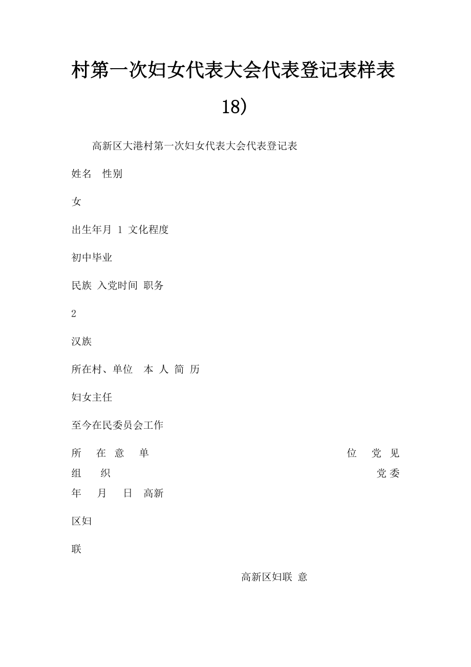 村第一次妇女代表大会代表登记表样表18).docx_第1页