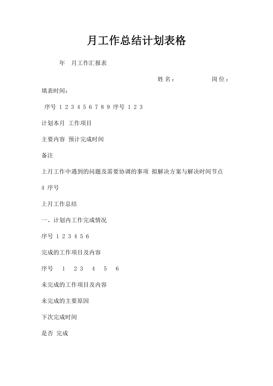 月工作总结计划表格.docx_第1页