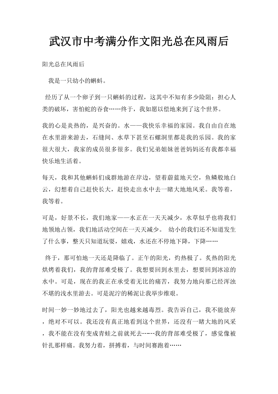 武汉市中考满分作文阳光总在风雨后.docx_第1页