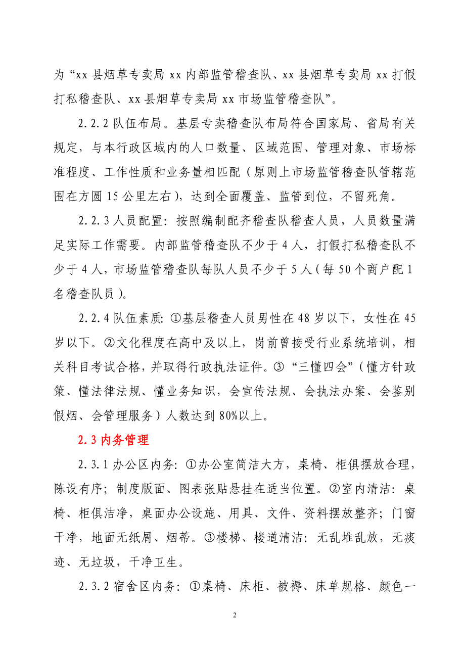 烟草专卖局稽查队伍“军事化、规范化、信息化”建设标准.doc_第2页