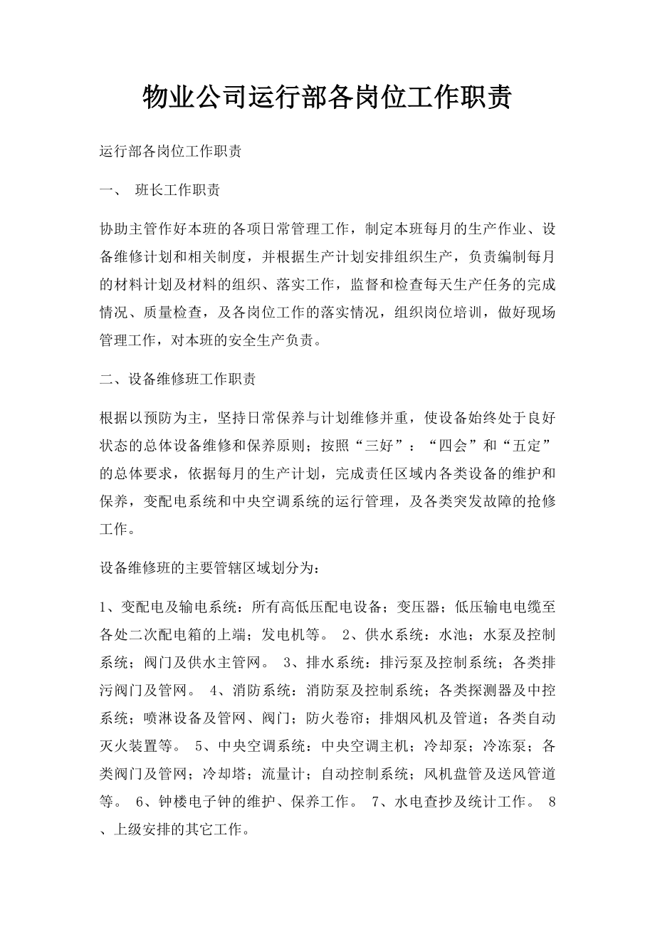 物业公司运行部各岗位工作职责.docx_第1页