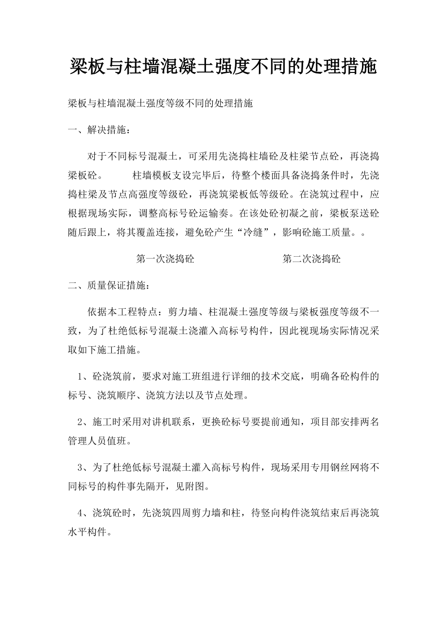 梁板与柱墙混凝土强度不同的处理措施.docx_第1页