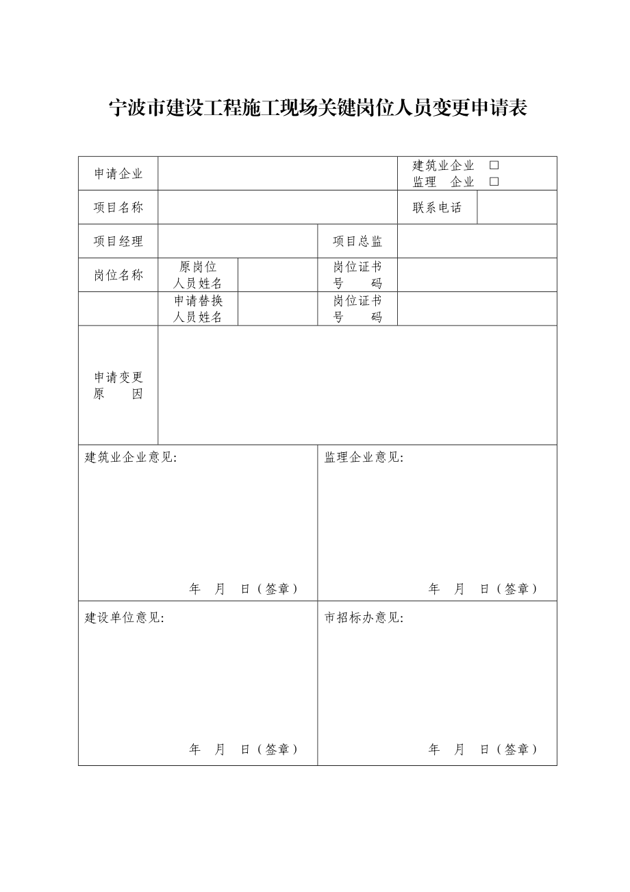 宁波市建设工程施工现场关键岗位人员变更申请表.doc_第1页