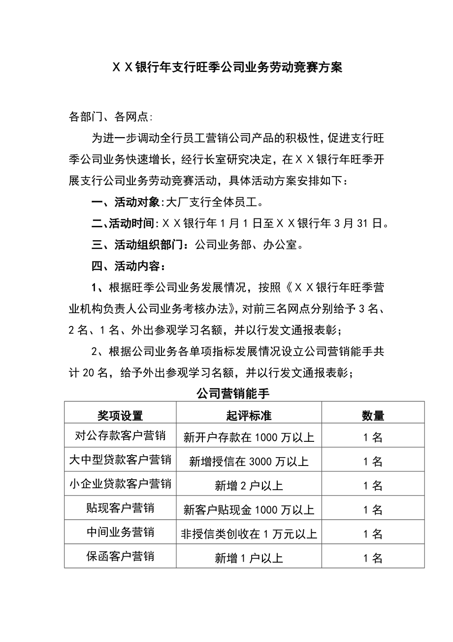 银行支行旺季公司业务劳动竞赛方案.doc_第1页