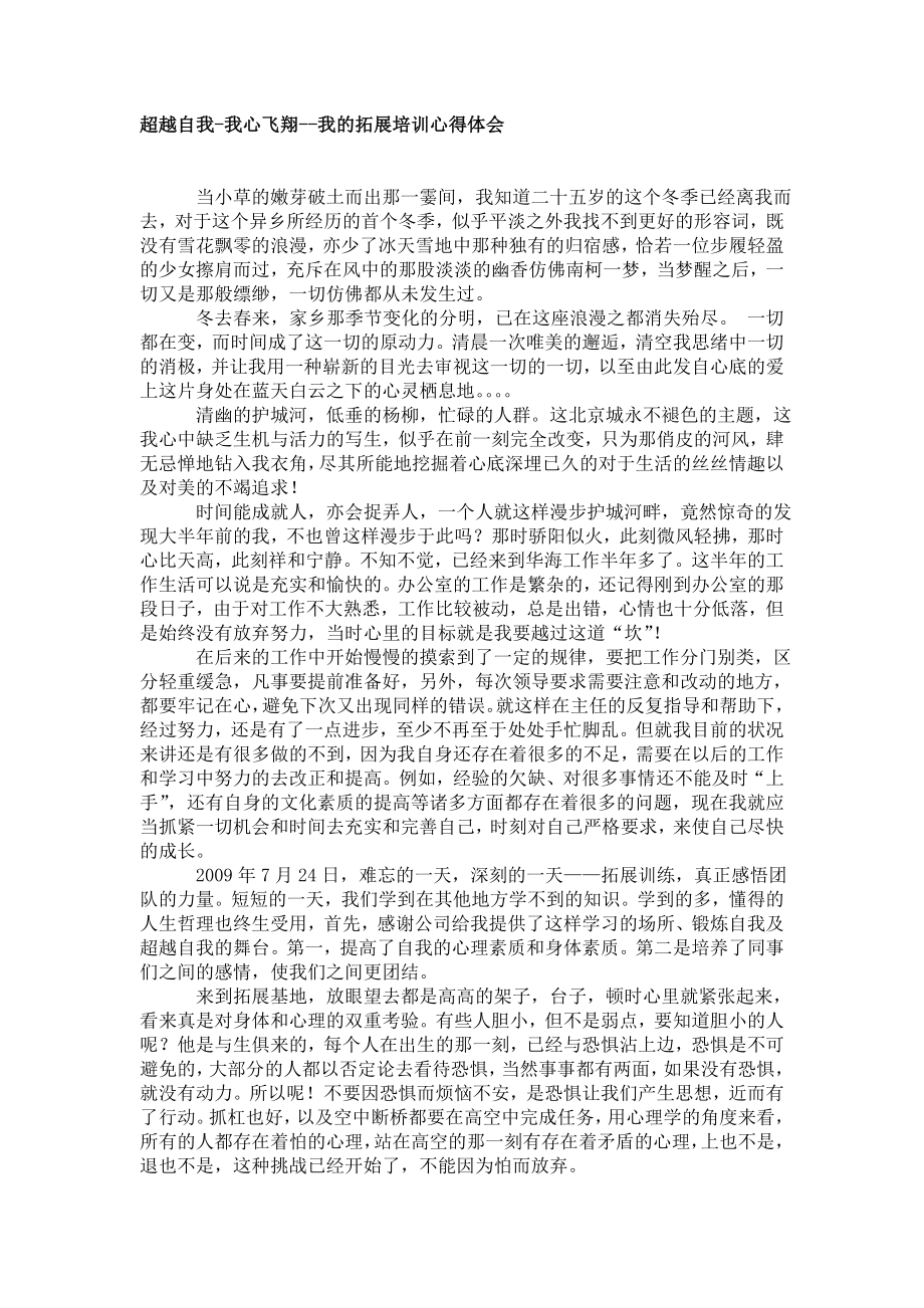 超越自我我心飞翔我的拓展培训心得体会.doc_第1页