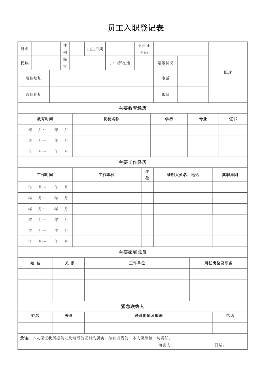 员工入职登记表经典范本.doc_第1页