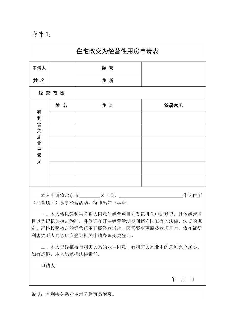 住宅改变为经营性用房申请表.doc_第1页