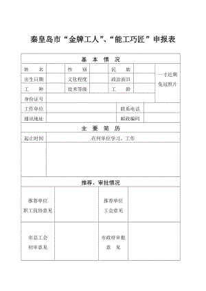 秦皇岛市“金牌工人”、“能工巧匠”申报表.doc