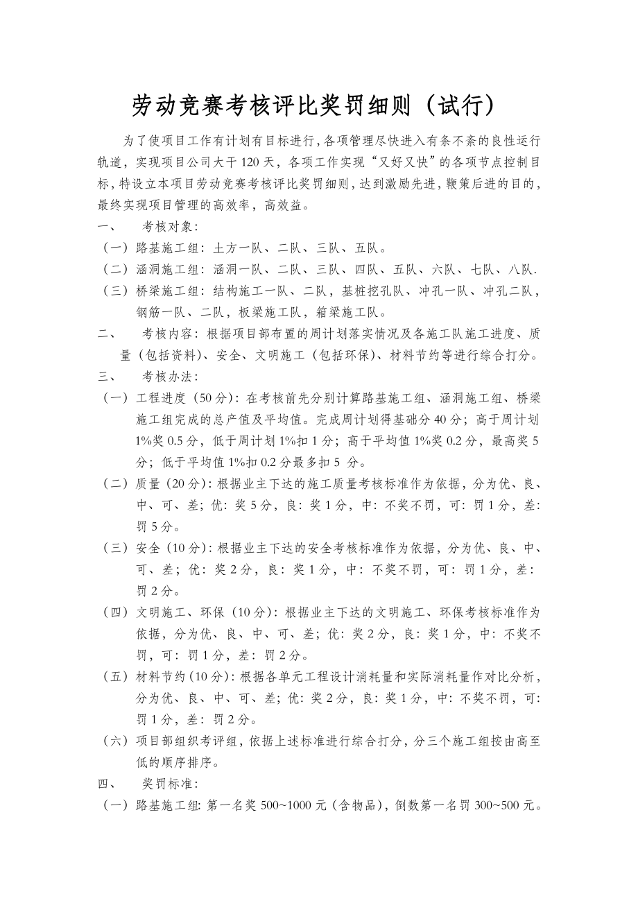 劳动竞赛考核评比奖罚细则.doc_第1页