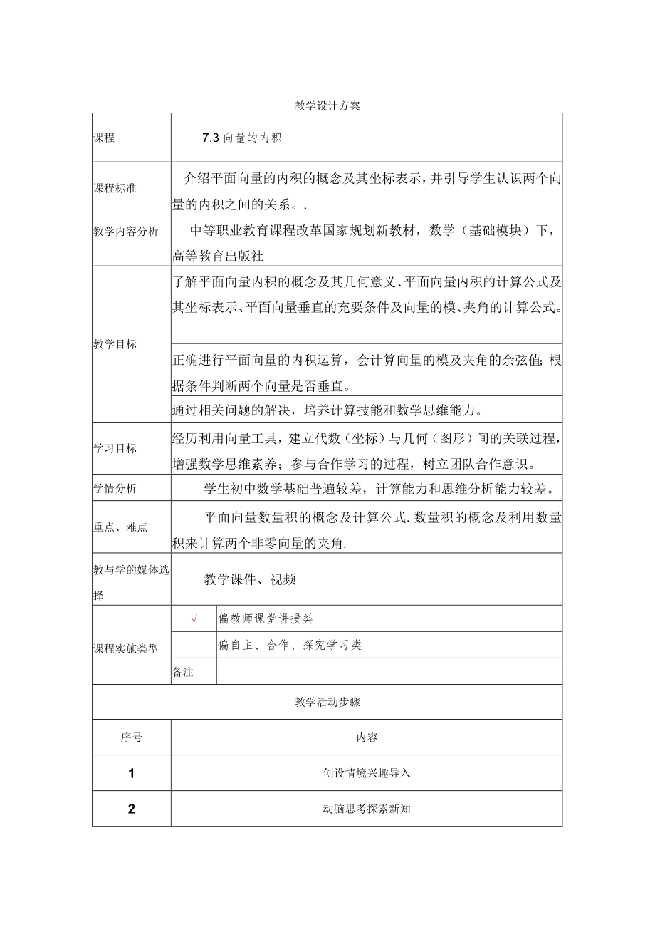 平面向量的内积的概念及其坐标表示 教学设计.docx_第1页