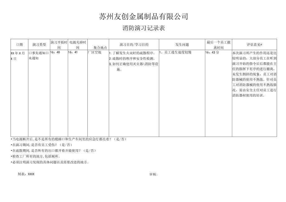 苏州友创金属制品有限公司消防演习记录表.docx_第1页