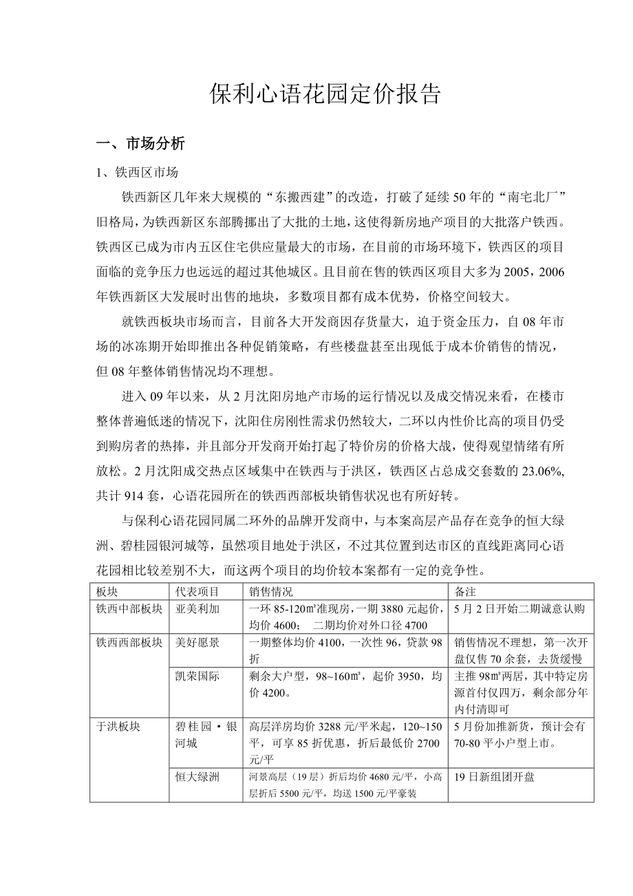 【商业地产】沈阳保利心语花园项目价格定价报告29DOC4月 .doc_第1页