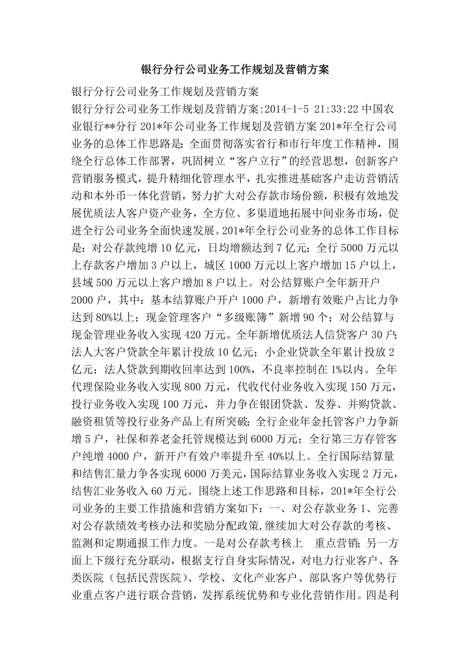 银行分行公司业务工作规划及营销方案.doc_第1页