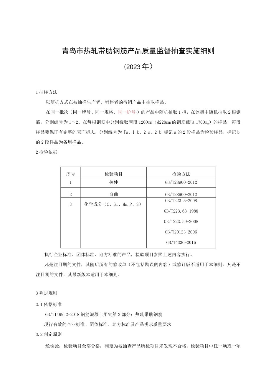 青岛市热轧带肋钢筋产品质量监督抽查实施细则2023年.docx_第1页