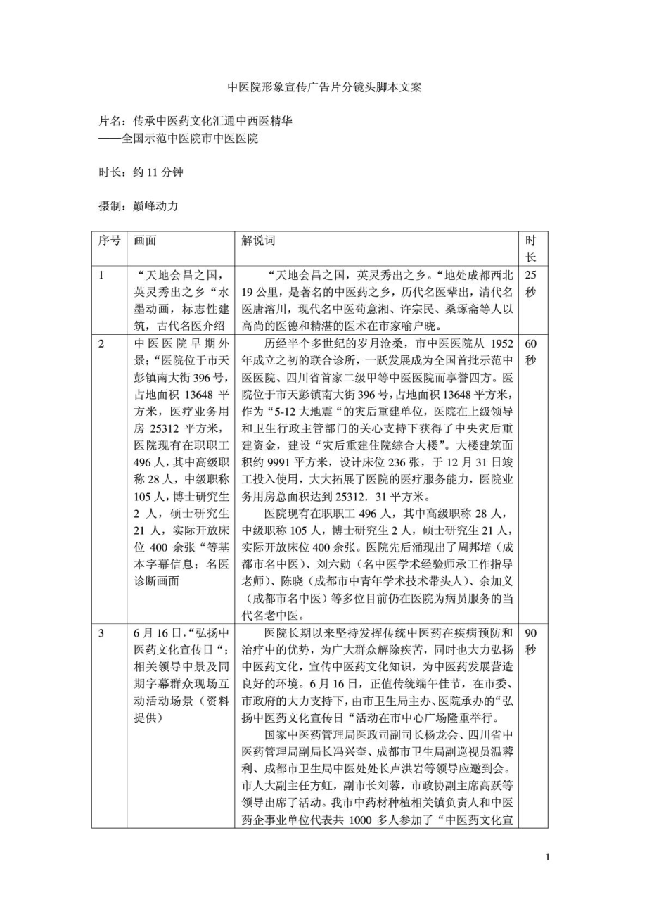 中医院形象宣传广告片分镜头脚本文案.doc_第1页