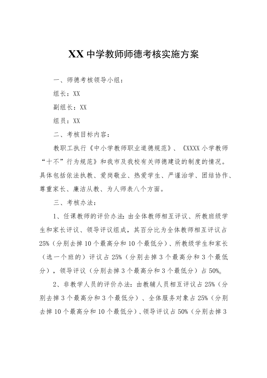 XX中学教师师德考核实施方案.docx_第1页