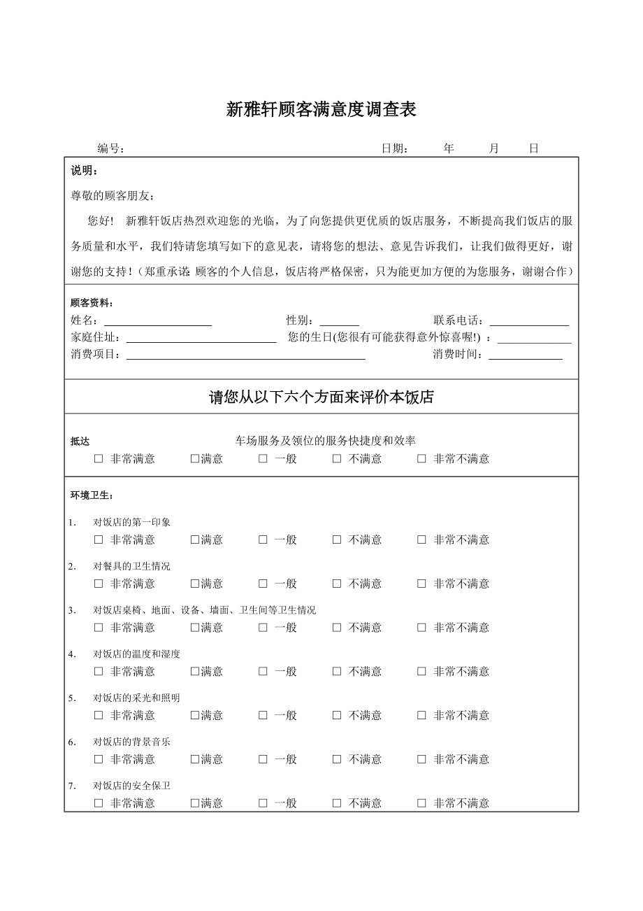 新雅轩饭店顾客意见调查表.doc_第1页