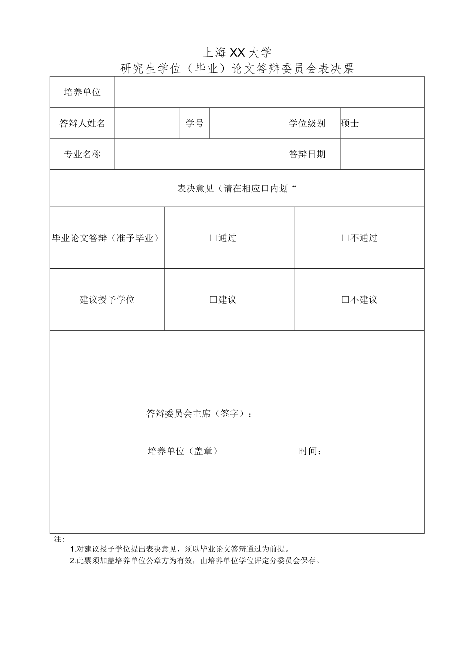 上海XX大学研究生学位（毕业）论文答辩委员会表决票.docx_第1页