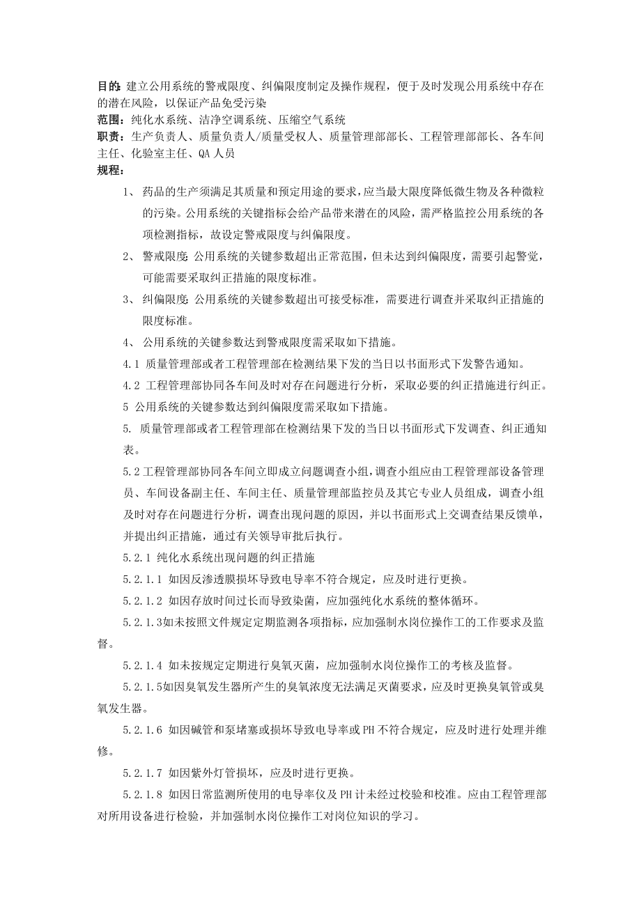 版GMP公用系统的警戒限度、纠偏限度制定及管理规程.doc_第2页