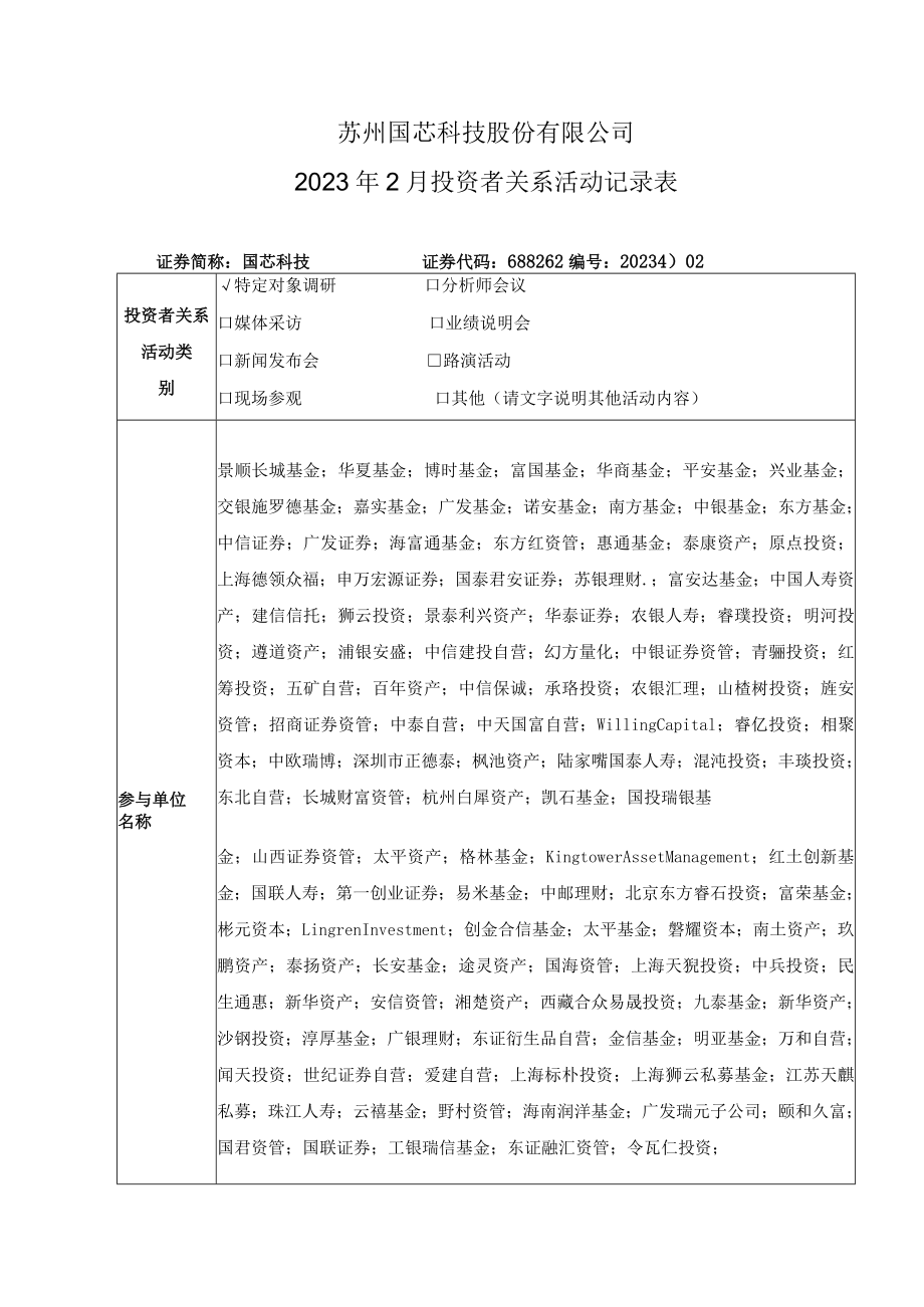 苏州国芯科技股份有限公司2023年2月投资者关系活动记录表.docx_第1页