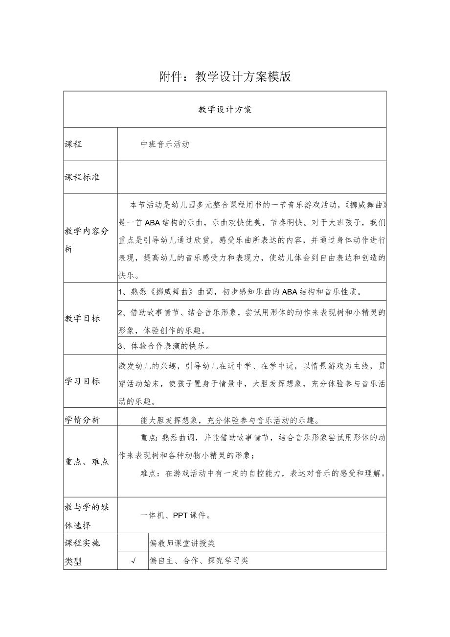 中班音乐活动《挪威舞曲》 教学设计.docx_第1页