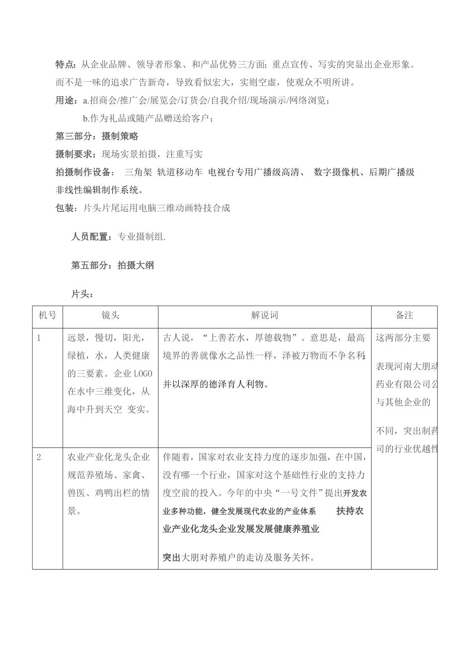 河南大朋动物药业有限公司企业形象宣传片策划书.doc_第2页
