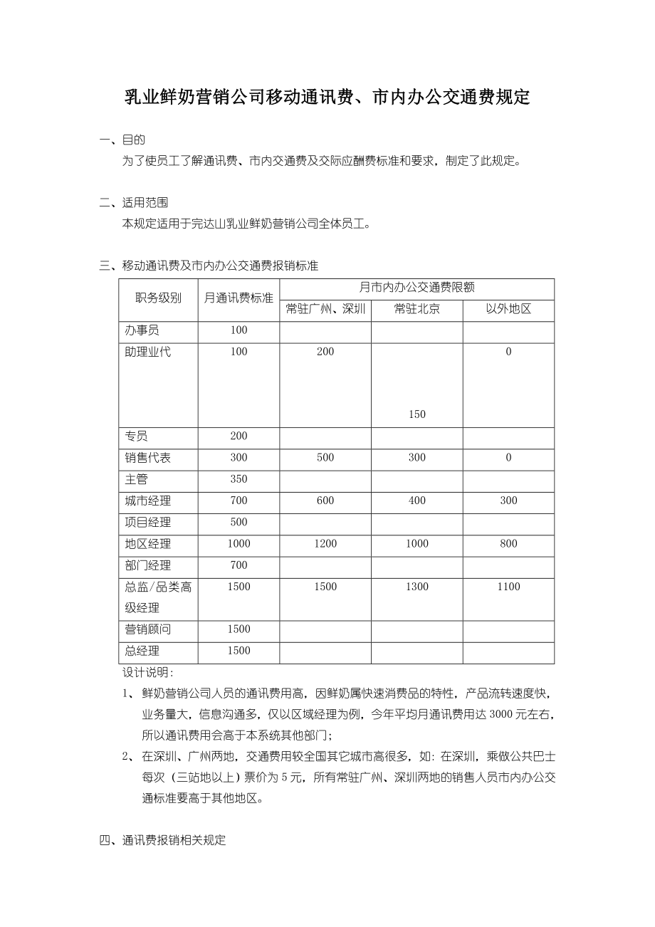 乳业鲜奶营销公司移动通讯费、市内办公交通费规定.doc_第1页