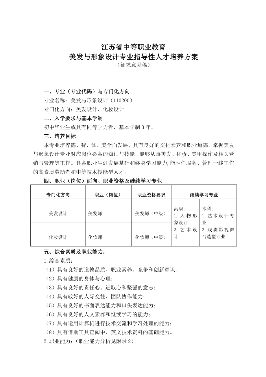 中等职业教育美发与形象设计专业指导性人才培养方案(征求意见稿).doc_第1页