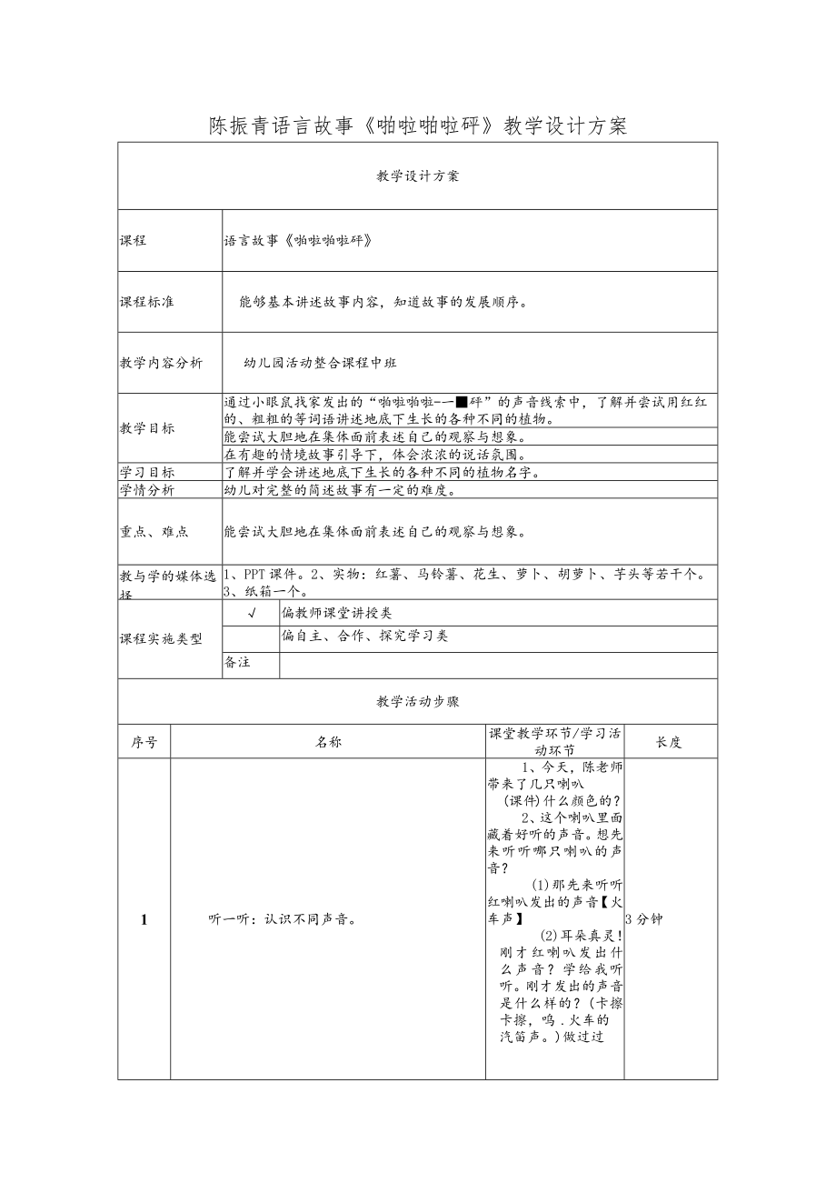 语言故事《啪啦啪啦砰》 教学设计.docx_第1页