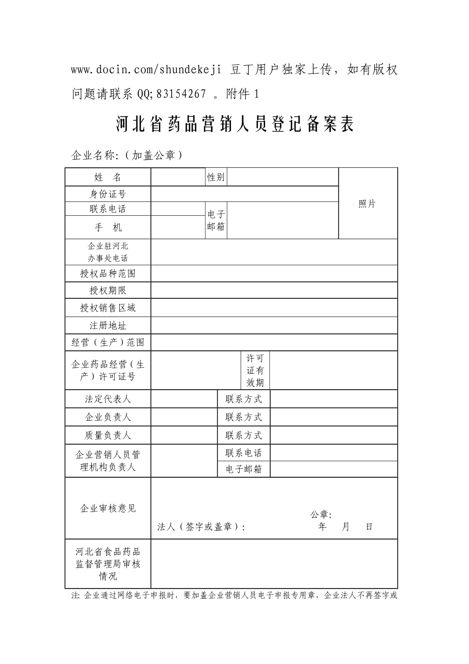 1.《河北省药品营销人员登记备案表》附件1.doc_第1页