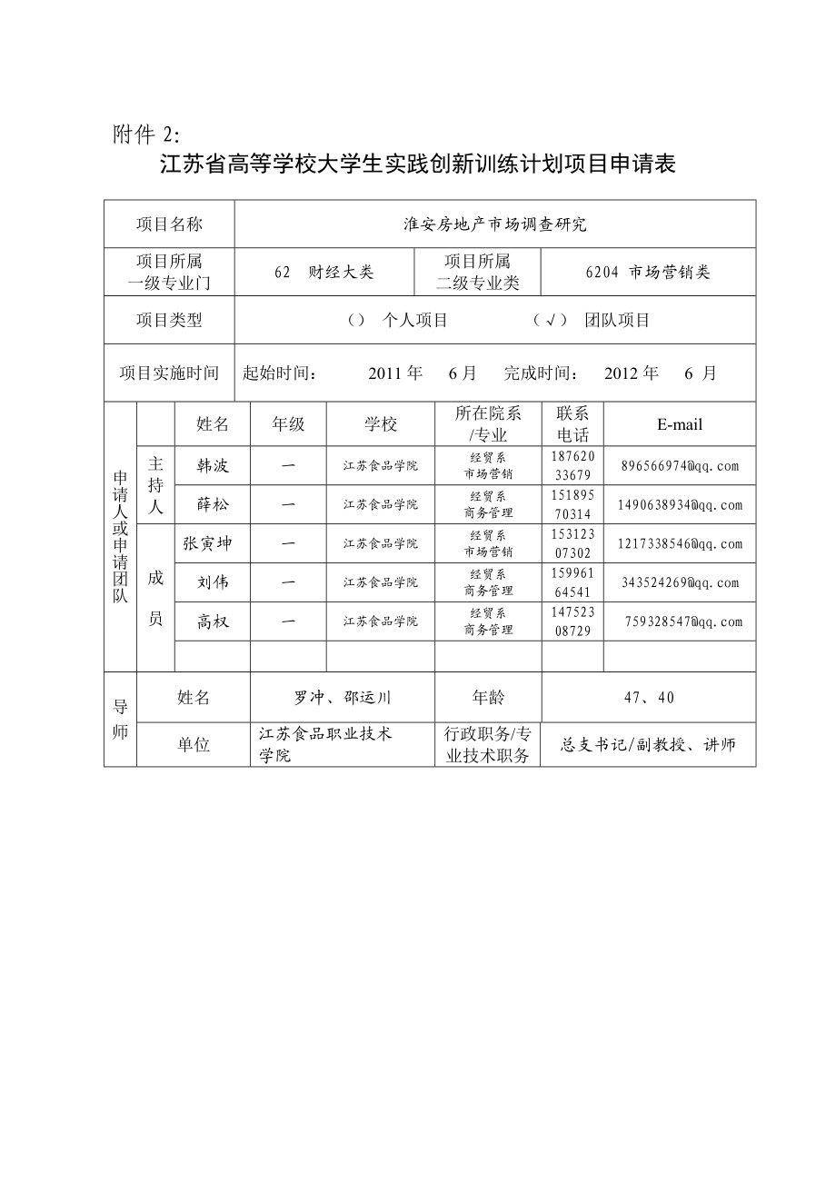 淮安房地产市场调查研究大学生创新训练项目申报书.doc_第1页