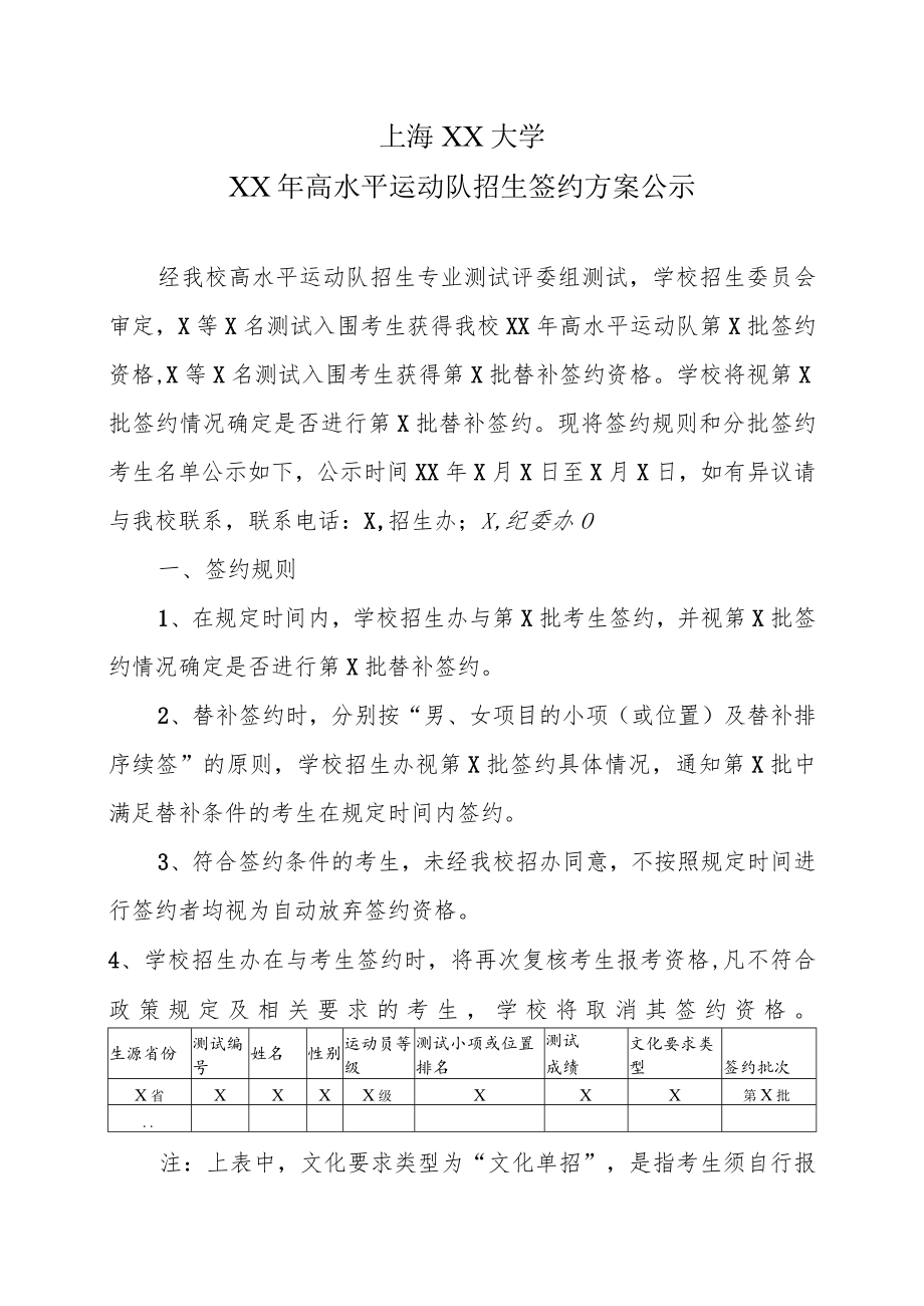 上海XX大学XX年高水平运动队招生签约方案公示.docx_第1页