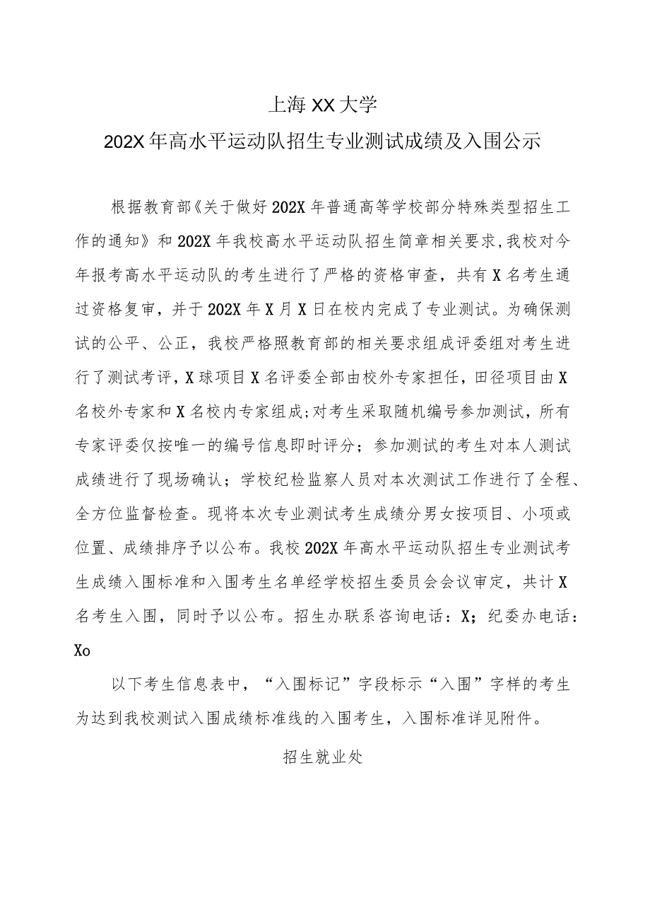 上海XX大学202X年高水平运动队招生专业测试成绩及入围公示.docx_第1页