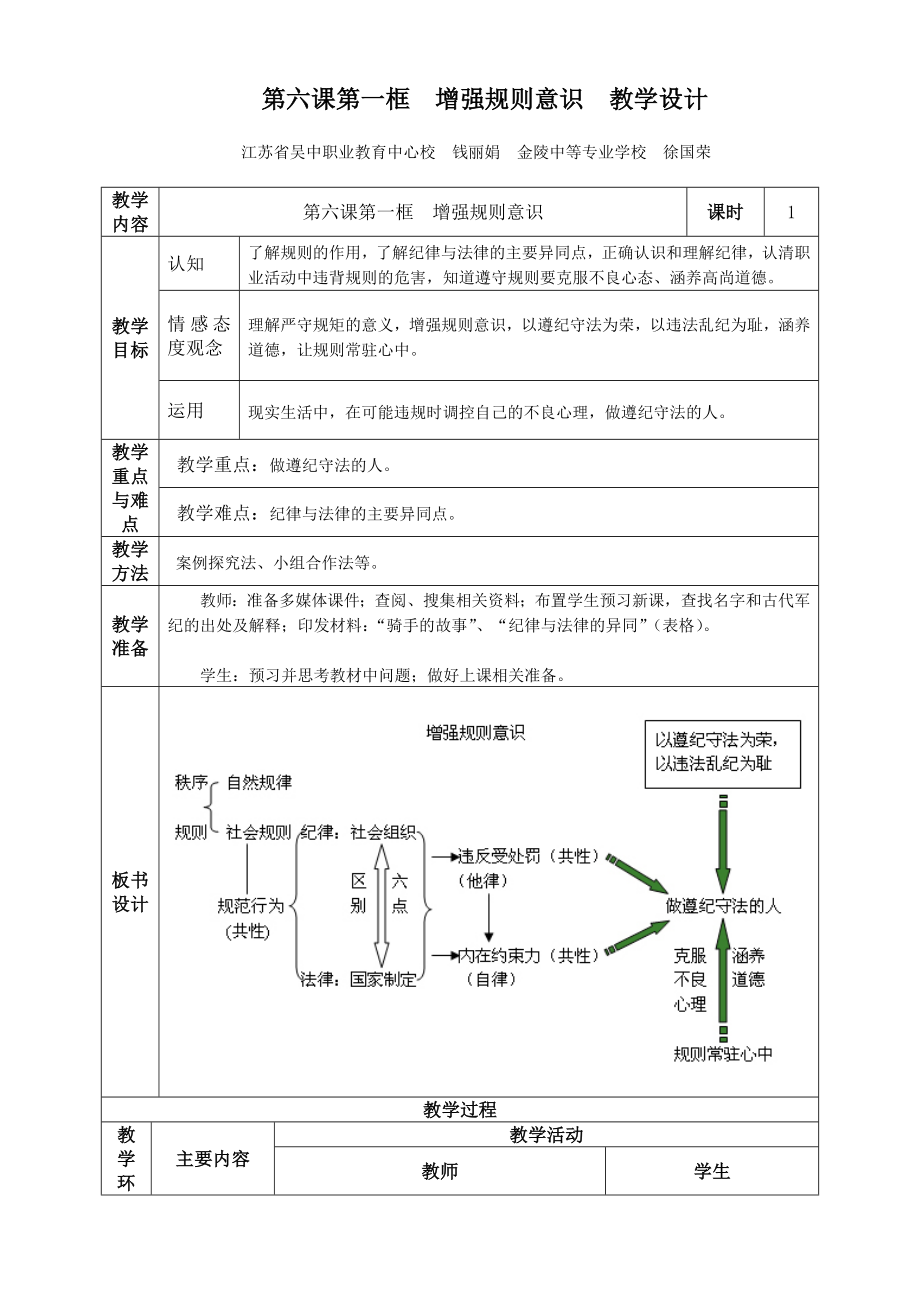 豆丁精品第六课第一框 增强规则意识 教学设计.doc_第1页