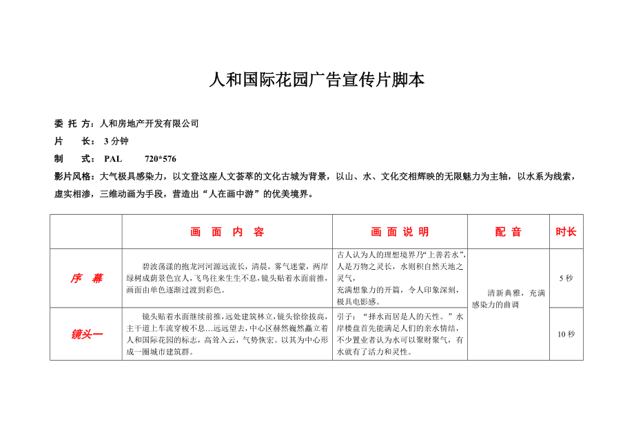 人和国际花园广告宣传片三维动画分镜头脚本.doc_第1页