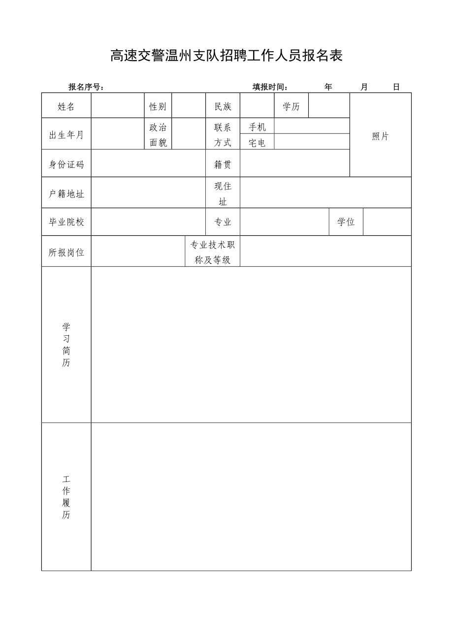 高速交警温州支队招聘工作人员报名表.doc_第1页